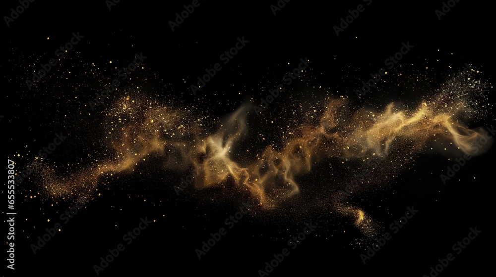 Poster a golden dust explosion on a black background, creating a beautiful contrast between the two colors 