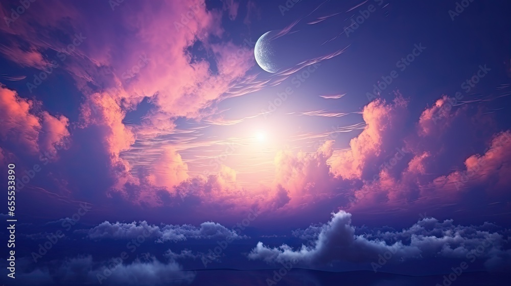 Poster the sun is setting over the clouds and the moon is in the sky. generative ai