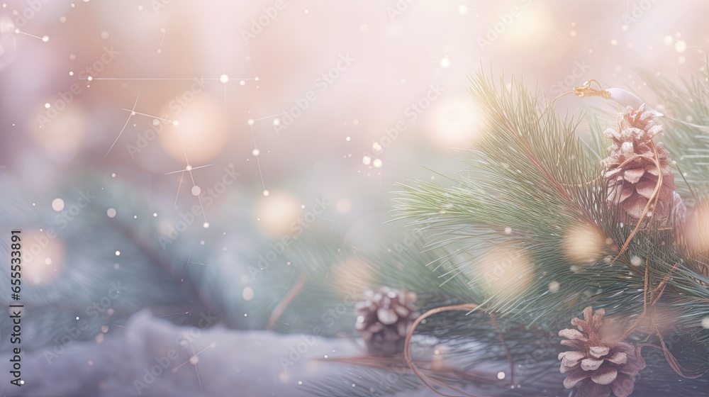 Poster a pine tree branch with cones and snow flakes on it. generative ai