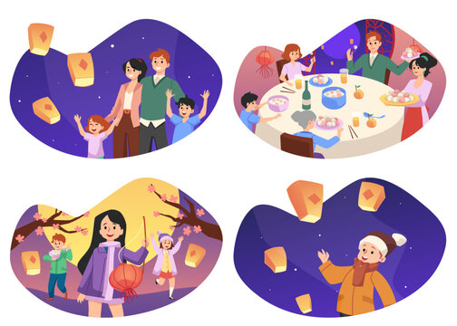 Lantern Yuanxiao CNY festival banners with family set flat vector illustration.
