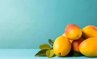 Fresh mangoes on a pastel background