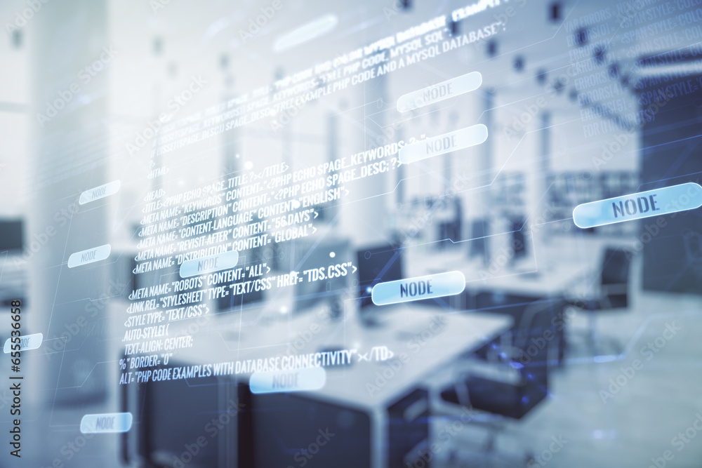Poster multi exposure of abstract programming language hologram on a modern furnished office interior backg