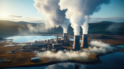 Geothermal power plant station, Emitting steam instead of pollutants, Save the environment, Geothermal energy showcase the power of the earth's natural heat. - obrazy, fototapety, plakaty