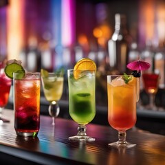 A row of colorful and exotic cocktails lined up on a bar counter2