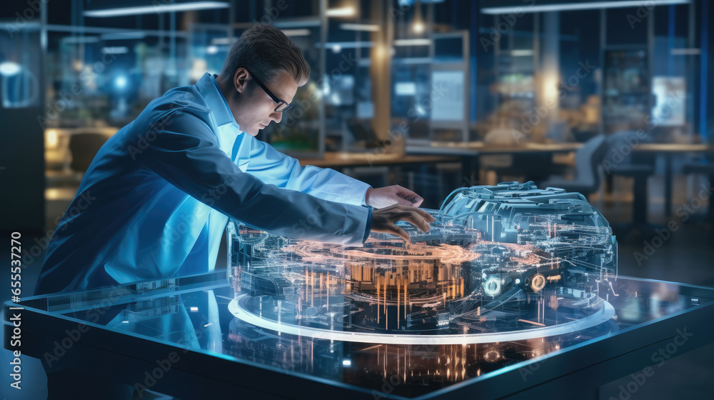 Aufkleber chief engineer designing engine works with holographic projection 3d model in high tech industry fac