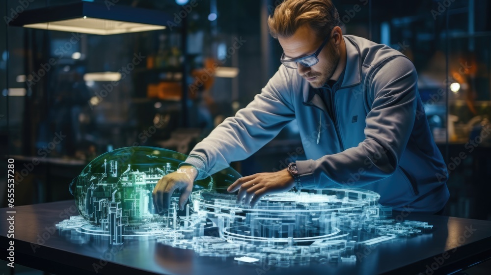 Aufkleber chief engineer designing engine works with holographic projection 3d model in high tech industry fac