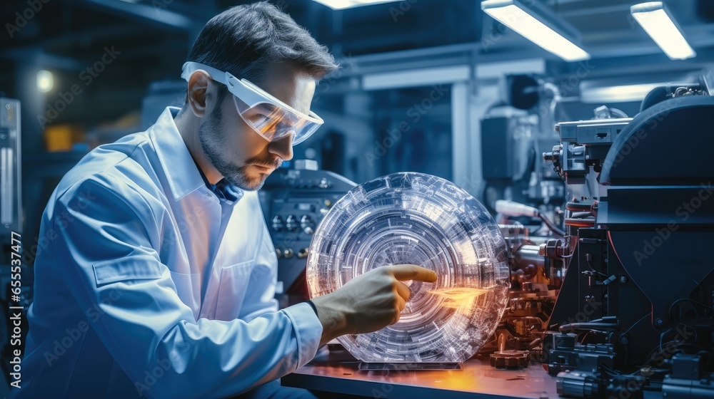 Poster professional engineer works with holographic projection 3d model of the engine turbine prototype in 