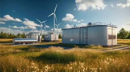 Fototapeta na wymiar Wind turbine and hydrogen energy storage tank, Clean energy.
