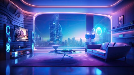 Concept art illustration of living room interior in cyberpunk style