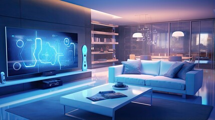 Obraz na płótnie Canvas Concept art illustration of living room interior in cyberpunk style