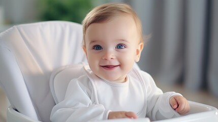 Fototapeta premium Infant in a comfortable white chair, with a soft-focus background highlighting a modern home interior.
