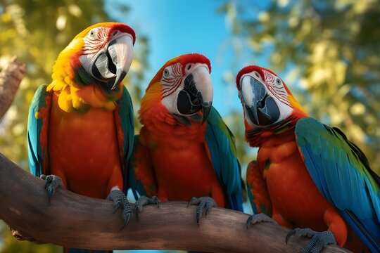 three macaw parrots sitting on a branch, animal photography, nat geo 