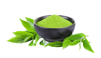 Green tea powder and leaf isolated on transparent png