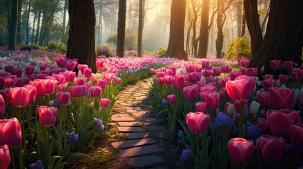 a forest filled with colorful tulips. garden tulips landscape  - obrazy, fototapety, plakaty