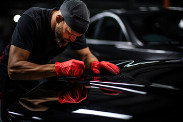 Man polishing black car in the car wash service center. - obrazy, fototapety, plakaty