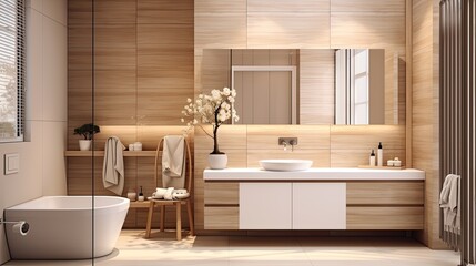 Modern minimalist bathroom interior, modern bathroom cabinet, white sink, wooden vanity, interior plants, bathroom accessories. Interior design project - obrazy, fototapety, plakaty