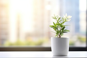 white flower pot with green plant sitting on the window 