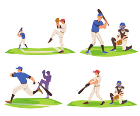 Baseball game scenes collection flat cartoon vector illustration isolated.