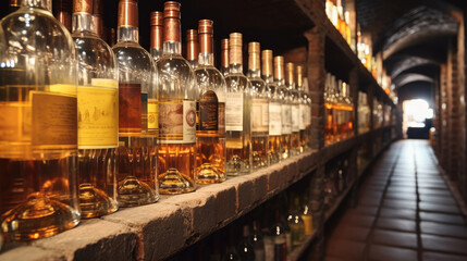 Alcohol drinks bottles, Many bottles of alcohol drinks on shelves in cellar. - obrazy, fototapety, plakaty