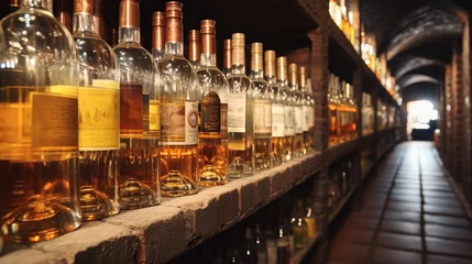 Fotobehang Alcohol drinks bottles, Many bottles of alcohol drinks on shelves in cellar. © visoot