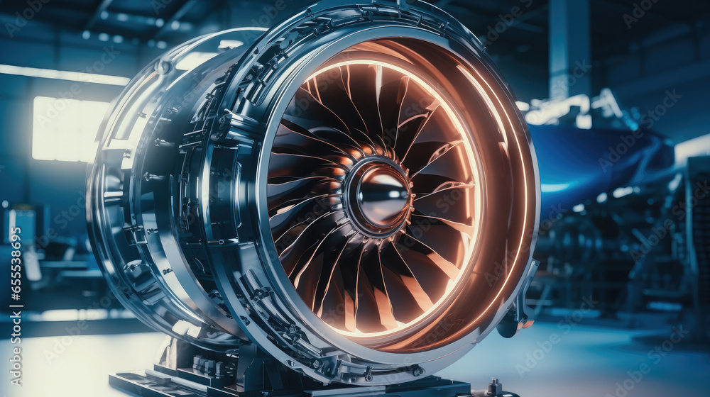Poster modern industrial jet engine in engine high tech futuristic factory, advanced futuristic turbine eng