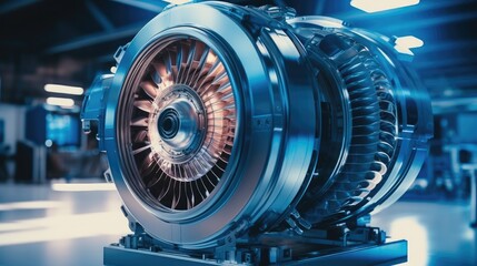 Fototapeta premium Modern Industrial Jet Engine in engine high tech futuristic factory, Advanced Futuristic Turbine Engine with a Rotating Fan, Research and Development.