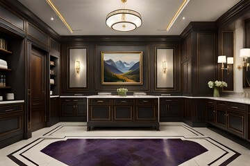 Fototapeta premium Bathroom setting with granite flooring adorned with traditional, detailed design work.