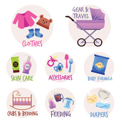 Baby care accessories, set of flat vector illustrations isolated on white background.