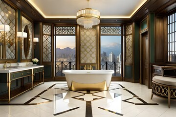 Pictures of a bathroom featuring traditional design elements, including walls covered in ceramic tiles, and featuring opulent gold-plated accessories that add a touch of luxury.