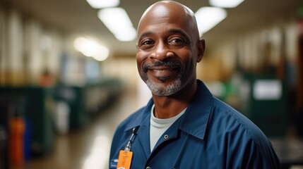 Portrait of smiling African American school janitor in a high school.