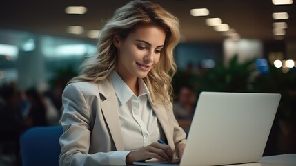 Beautiful businesswoman using a laptop at desk in office.