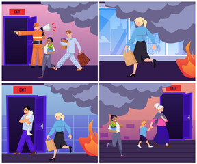 Set of vector illustration of emergency evacuation scared people from fire in the building, fireman screaming