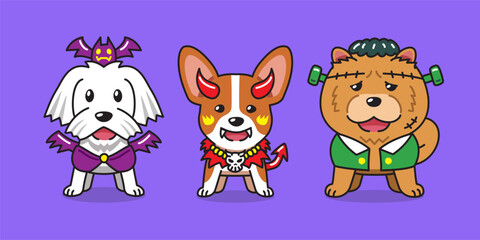 Cartoon cute dogs with halloween costumes for design.
