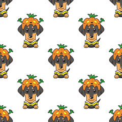 Cartoon dachshund dog with halloween costume seamless pattern background for design.