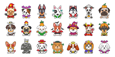 Different type of vector cartoon dogs with halloween costumes for design.