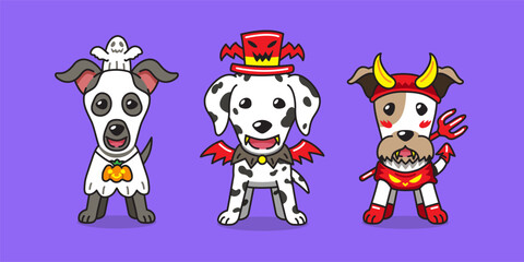 Obraz premium Vector cartoon cute dogs with halloween costumes for design.