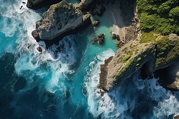 View of coastal cliffs and sea. aerial view of the beach with a blue sea and tall green trees 