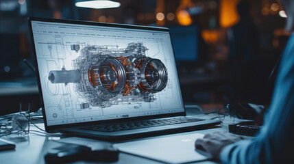 Engineer working on CAD software with Desktop Computer in Turbine engine high tech futuristic factory, Professionals Researching and Developing Engine Technology.
