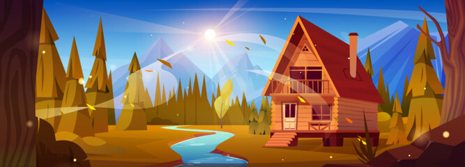 Wooden rustic house in forest near small river and high rocky mountains. Cartoon vector autumn landscape of woodland area with hills and stream, cozy cabin for rest or camping and sunny sky.