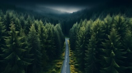 Top view of dark green forest landscape wallpaper art. Aerial nature scene of pine trees and asphalt road banner design. Countryside path trough coniferous wood form above. Adventure travel background - Powered by Adobe