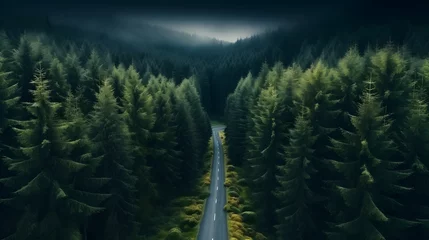 Ingelijste posters Top view of dark green forest landscape wallpaper art. Aerial nature scene of pine trees and asphalt road banner design. Countryside path trough coniferous wood form above. Adventure travel background © Lucky Ai