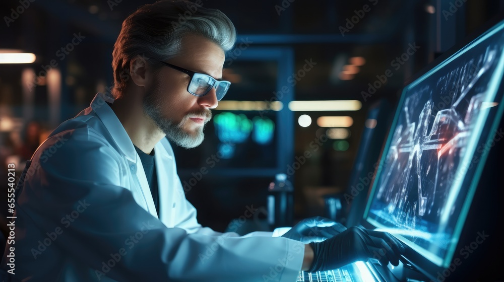 Poster medical researcher analyzing data from a high throughput dna sequencing in laboratory.