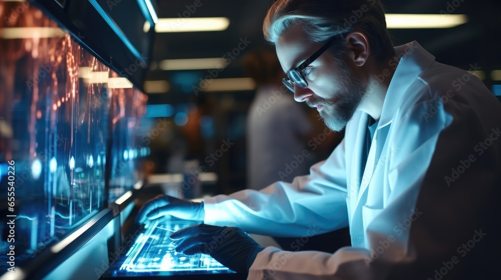 Poster medical researcher analyzing data from a high throughput dna sequencing in laboratory.