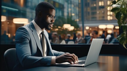 African American businessman working in a modern office center using laptop.