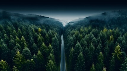 Top view of dark green forest landscape wallpaper art. Aerial nature scene of pine trees and asphalt road banner design. Countryside path trough coniferous wood form above. Adventure travel background - Powered by Adobe