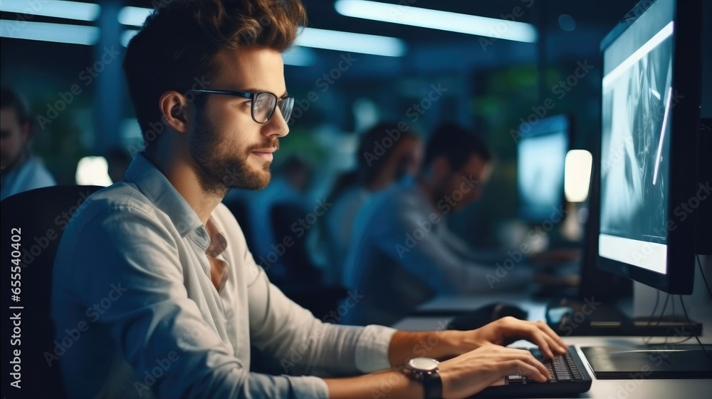 Leinwandbilder male computer programmer using laptop at desk in office.