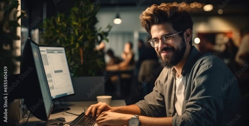 Aufkleber Male computer programmer using laptop at desk in office.