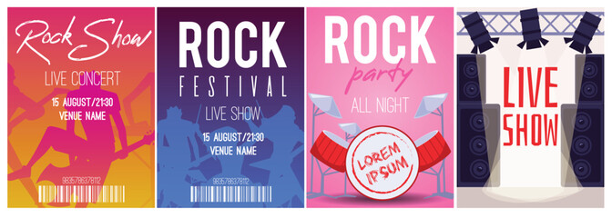 Set of posters or vertical banners about rock concert flat style