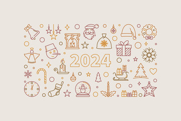 2024 Merry Christmas and Happy New Year vector outline creative horizontal illustration