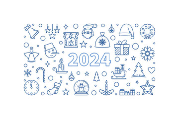 2024 Merry Christmas and Happy New Year outline horizontal banner - vector Xmas illustration
